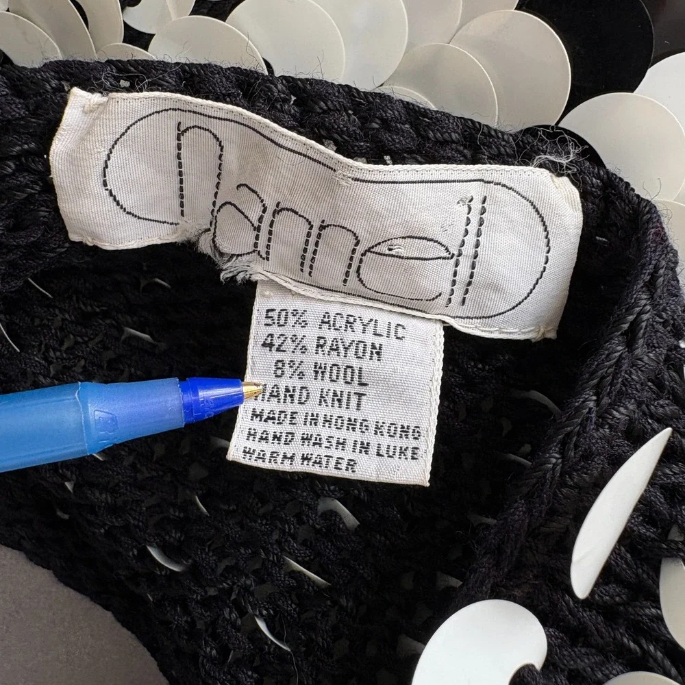 Vintage Sequin Sweater Women Size Small? Black White Checkered Hand Knit Wool - Picture 10 of 11